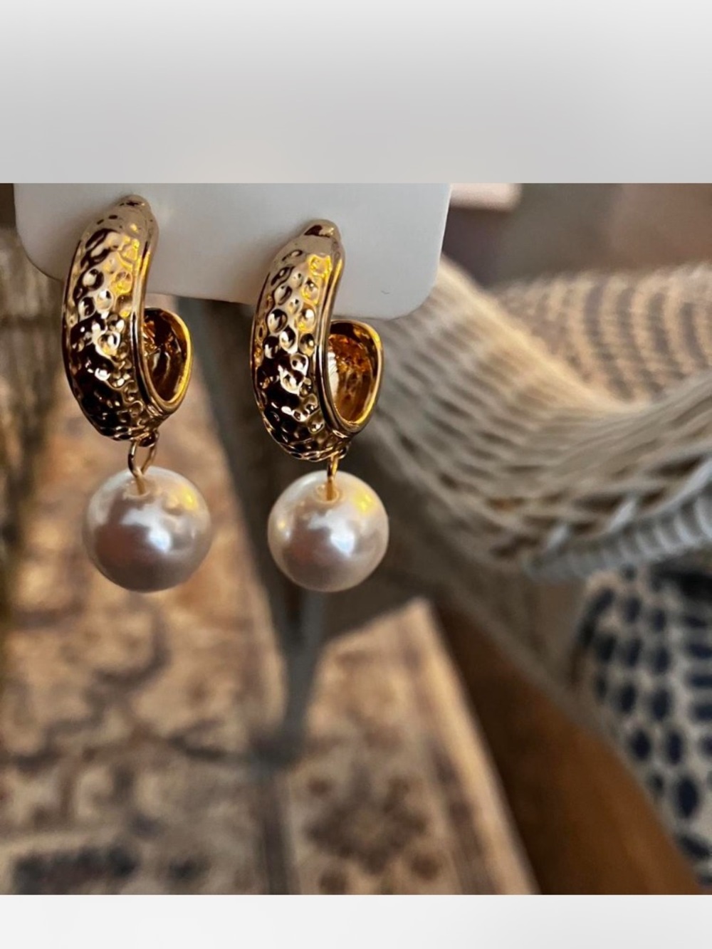 Gold Hammered Hoop Earrings with Pearl Drops - Picture 4 of 4